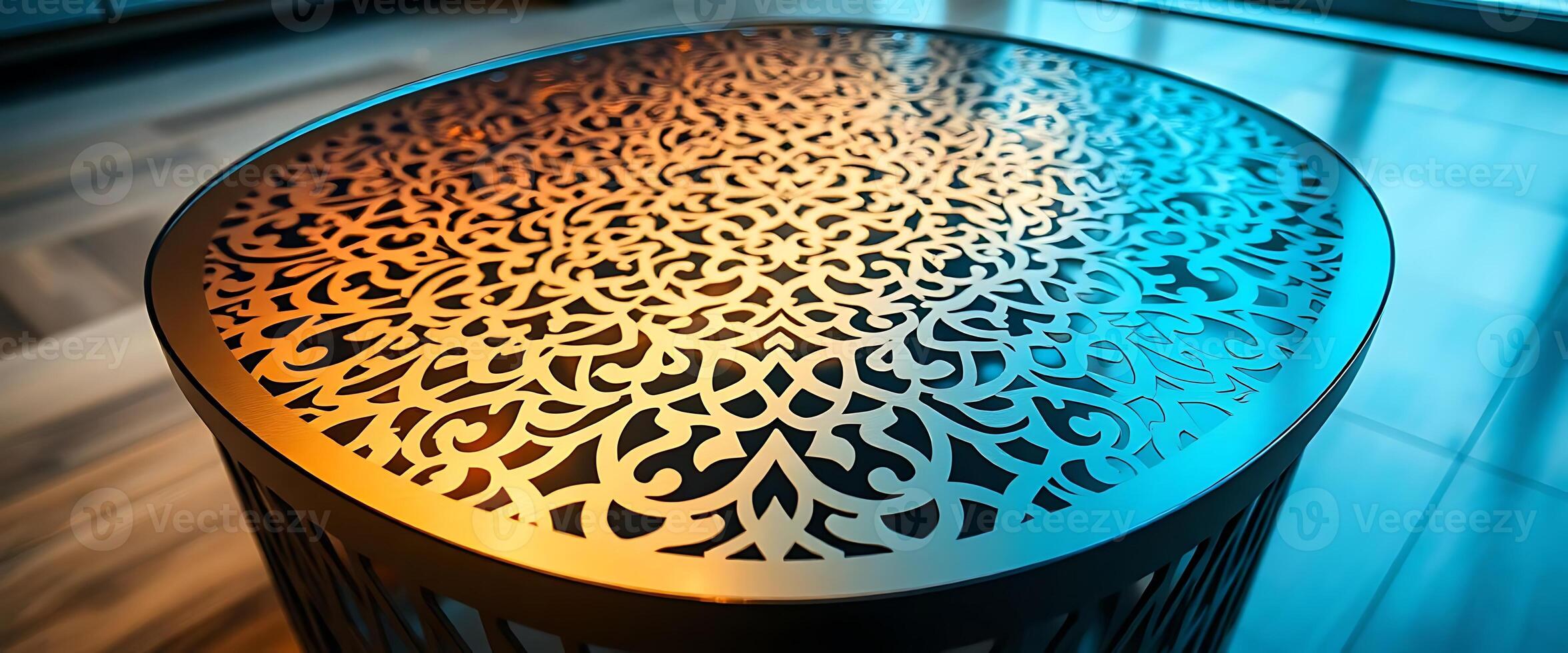 table that has a metal design on it photo