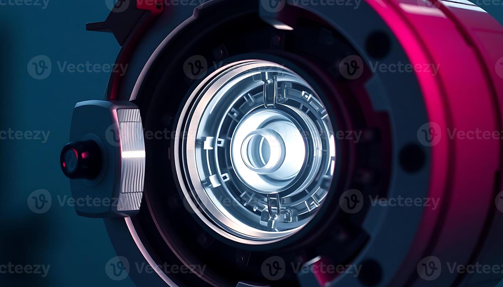 close up of a metal object with a red light photo