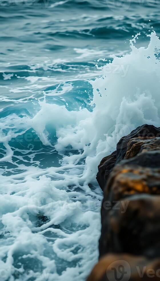 wave crashing on a rocky shore near the ocean photo