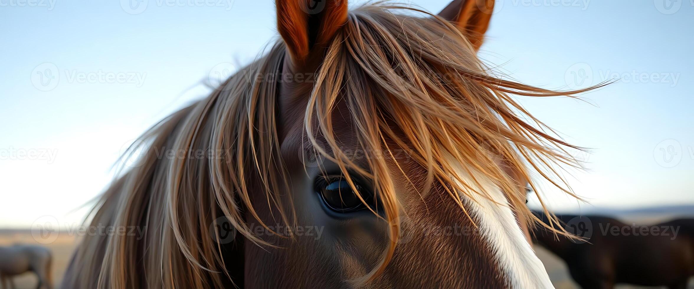 close up of a horse's face with other horses in the background photo