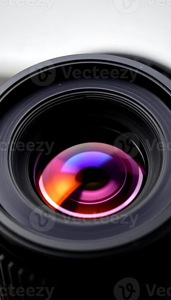 close up of a camera lens on a table photo