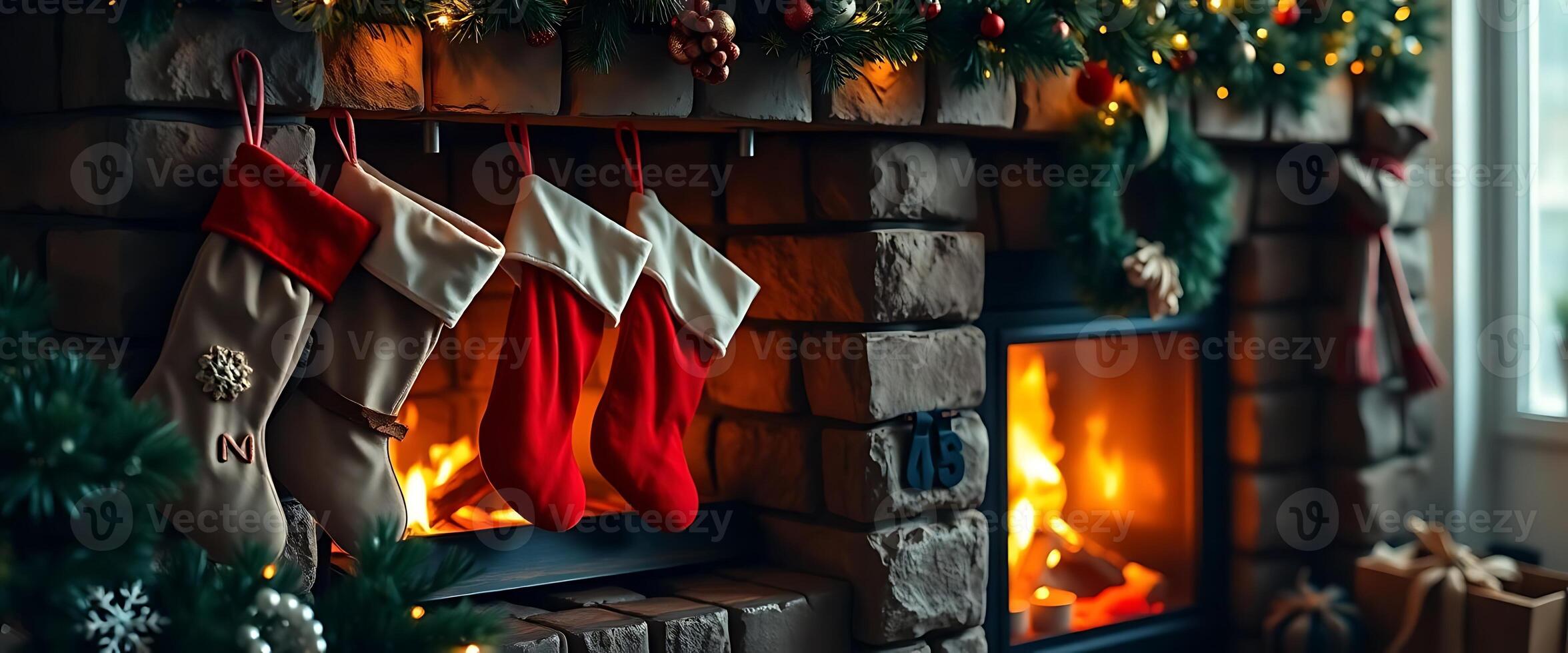 fireplace with stockings hanging from the mantle photo