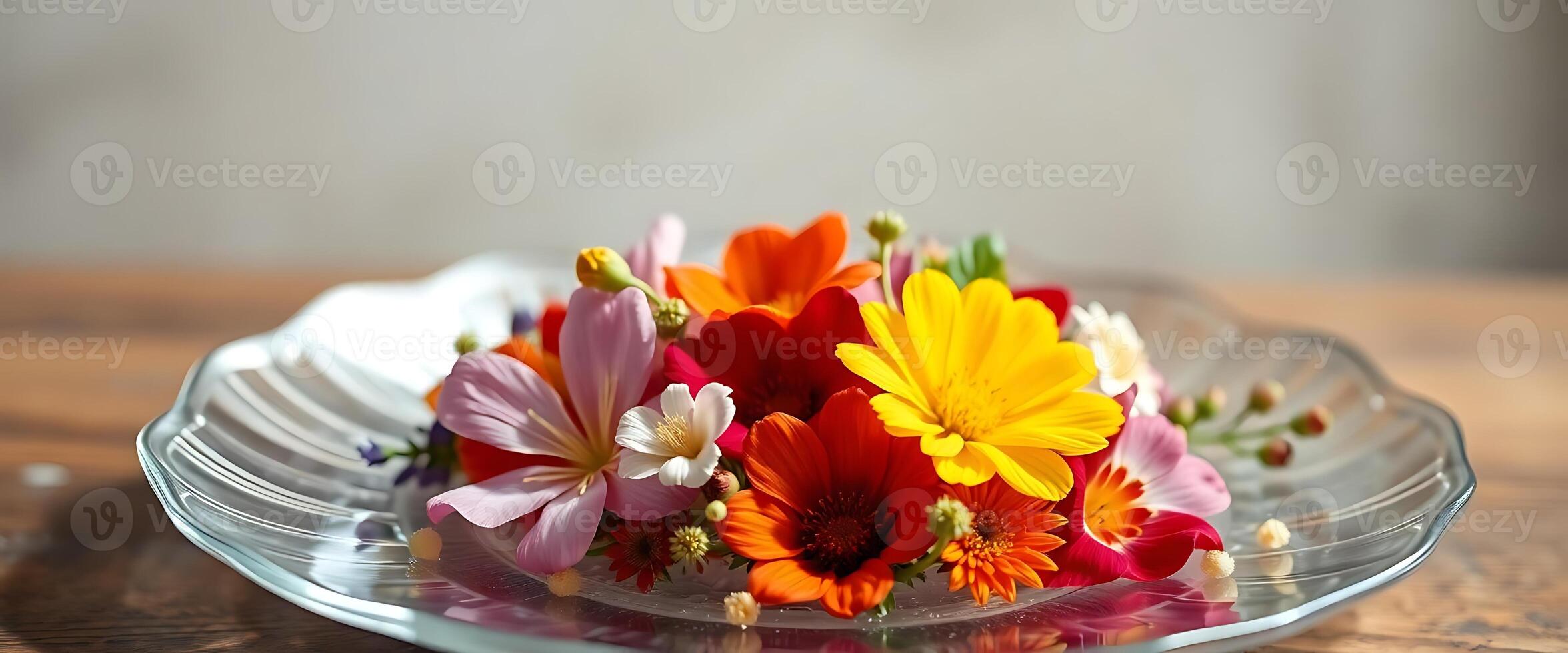 glass plate with a bunch of flowers on it photo