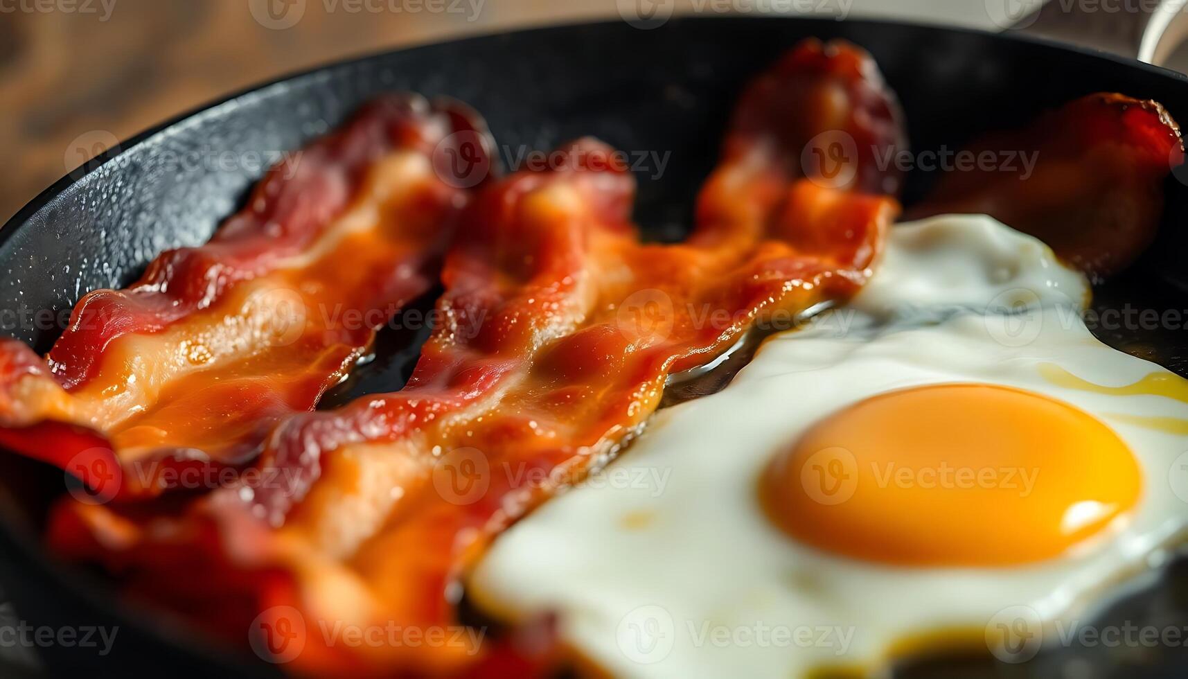 frying pan filled with bacon and an egg photo