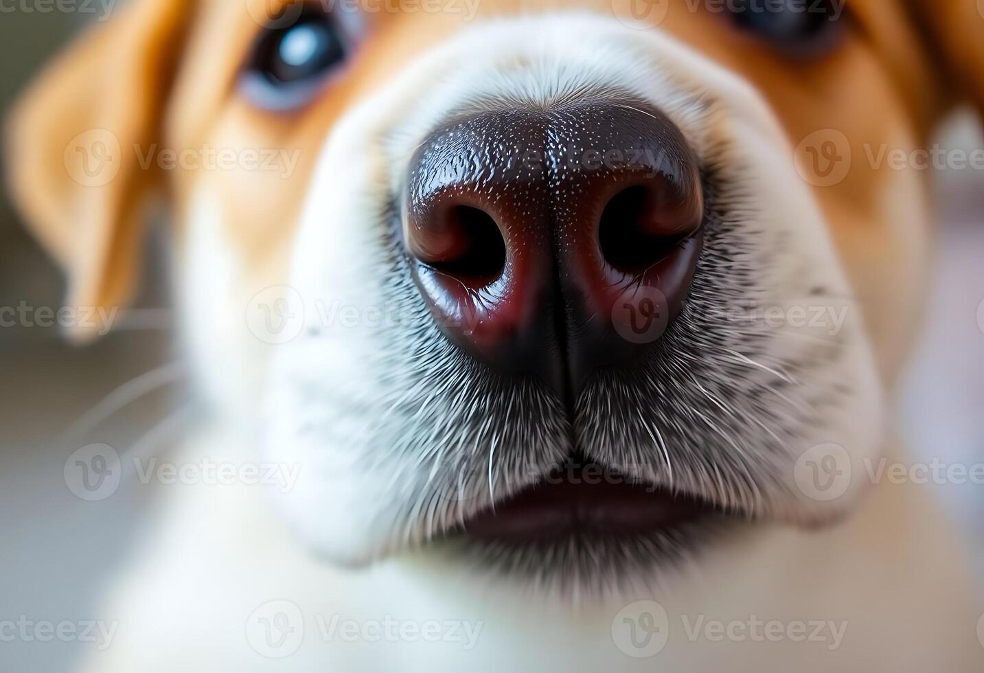 close up of a brown and white dog's nose photo