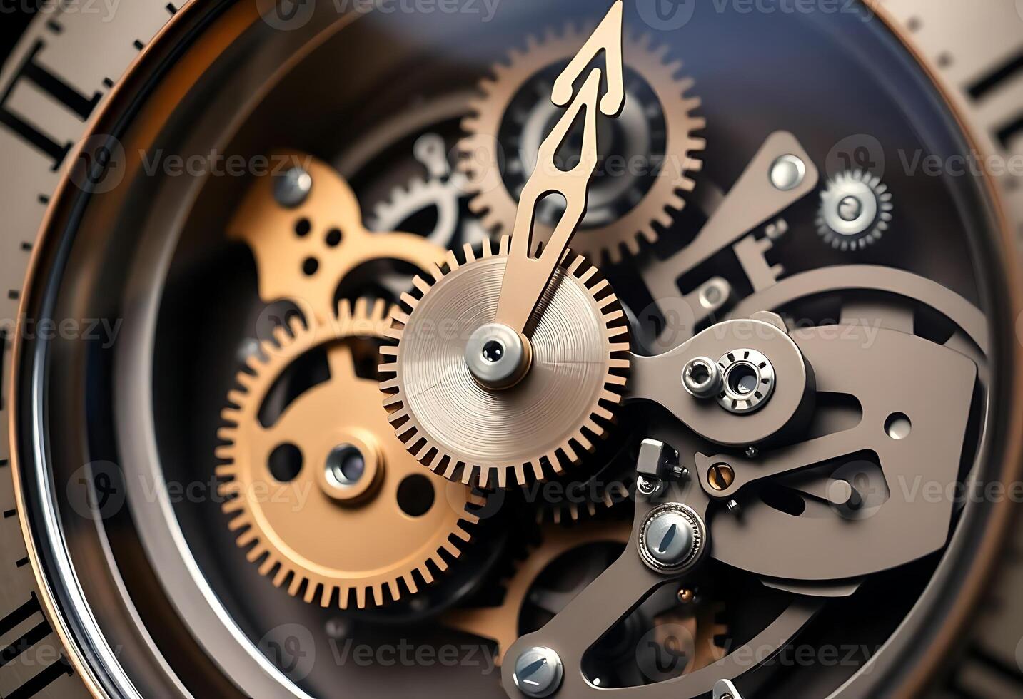 close up of a watch face with a gold and black clock face photo