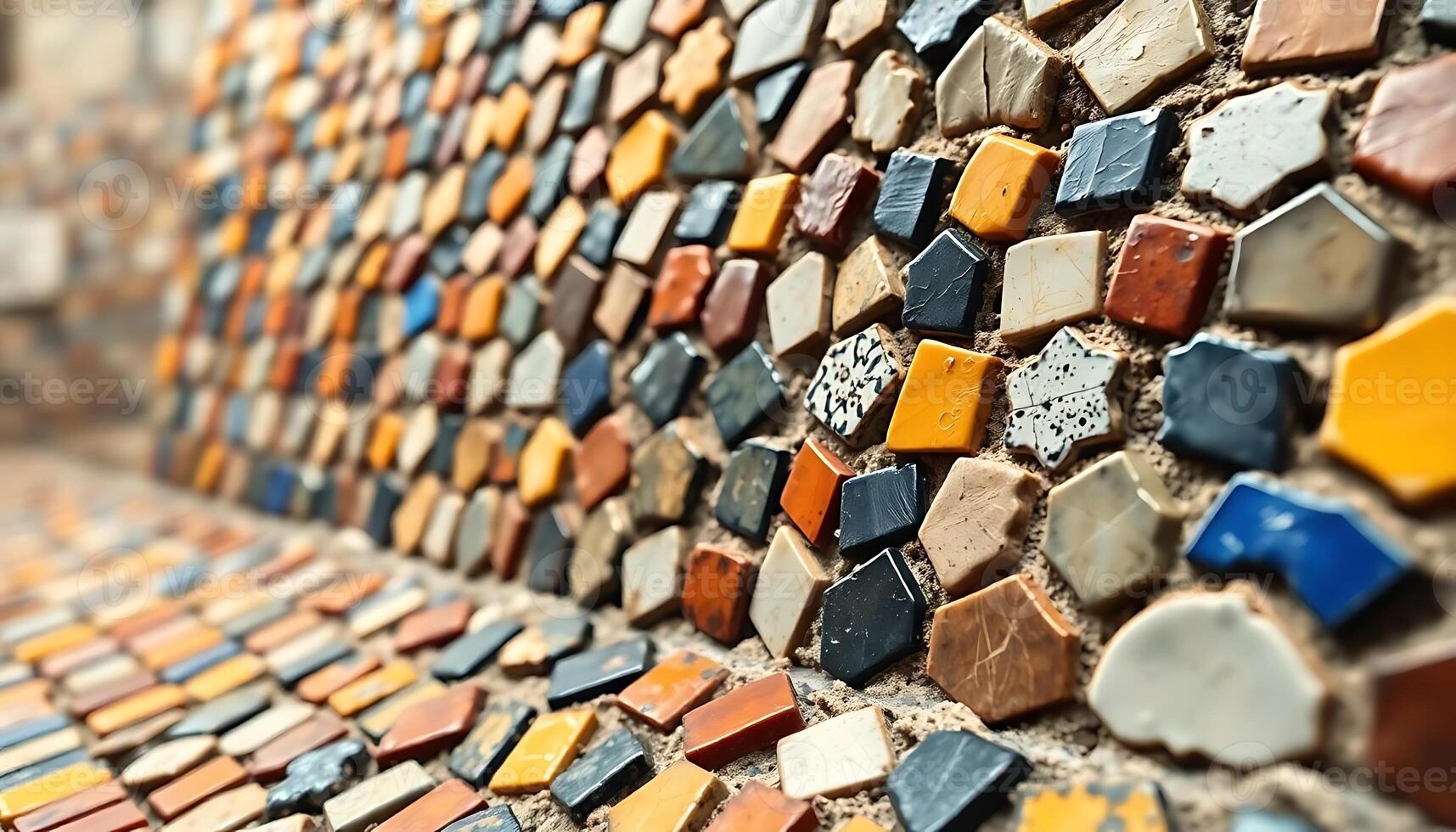 close up of a bench made out of colorful tiles photo