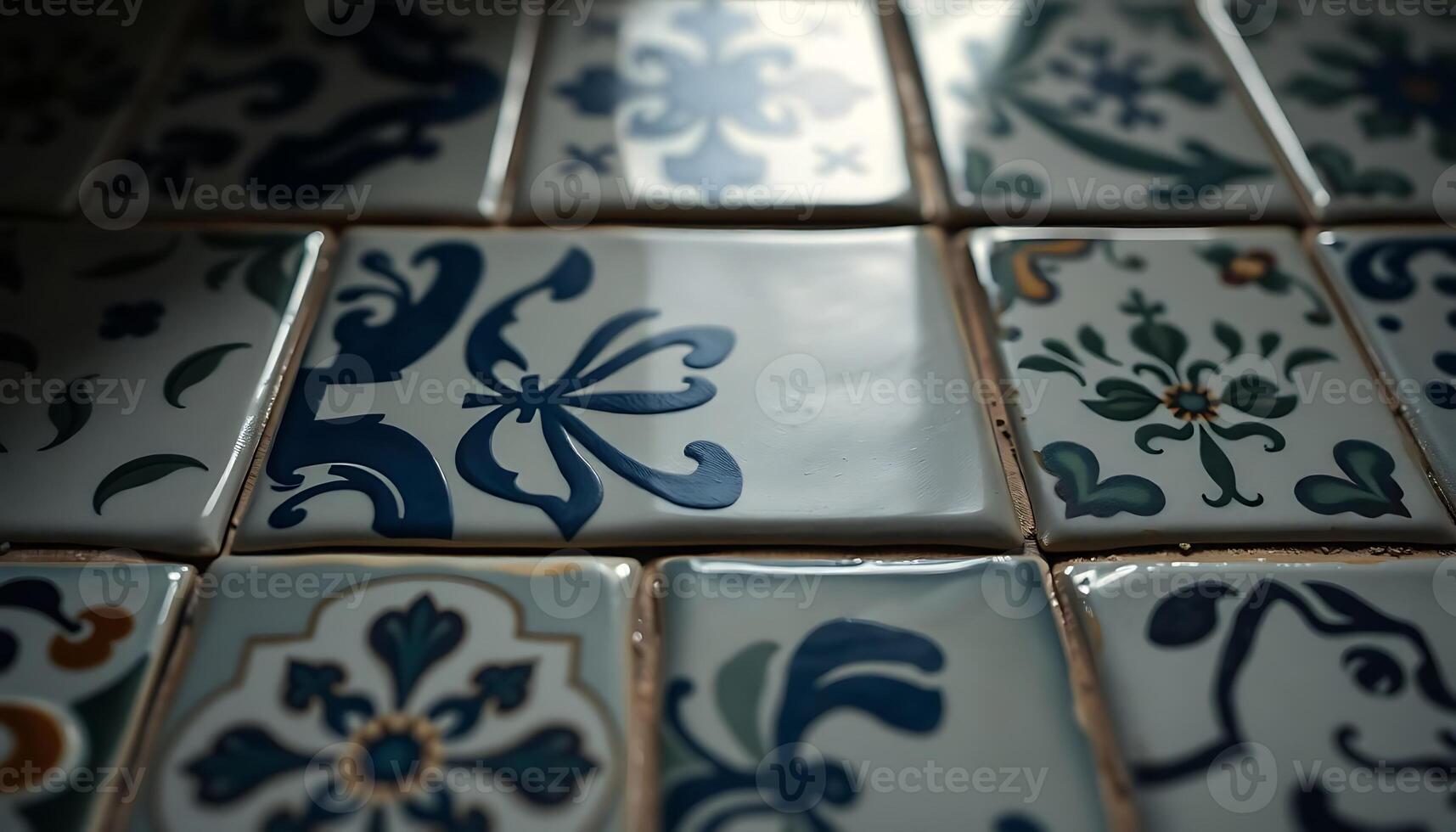 close up of a blue and white tile pattern photo