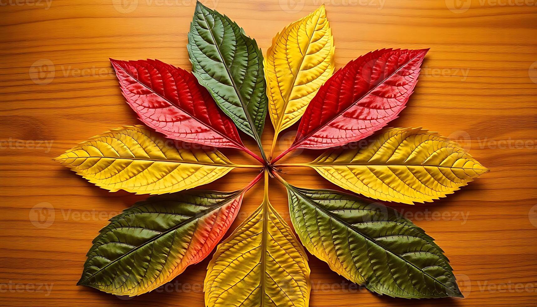 wooden table topped with leaves on top of it photo