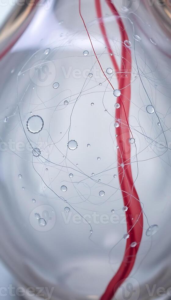 close up of a glass vase with water and red string photo