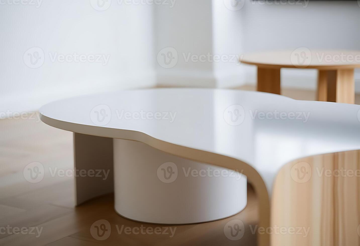 close up of a white table with a wooden base photo