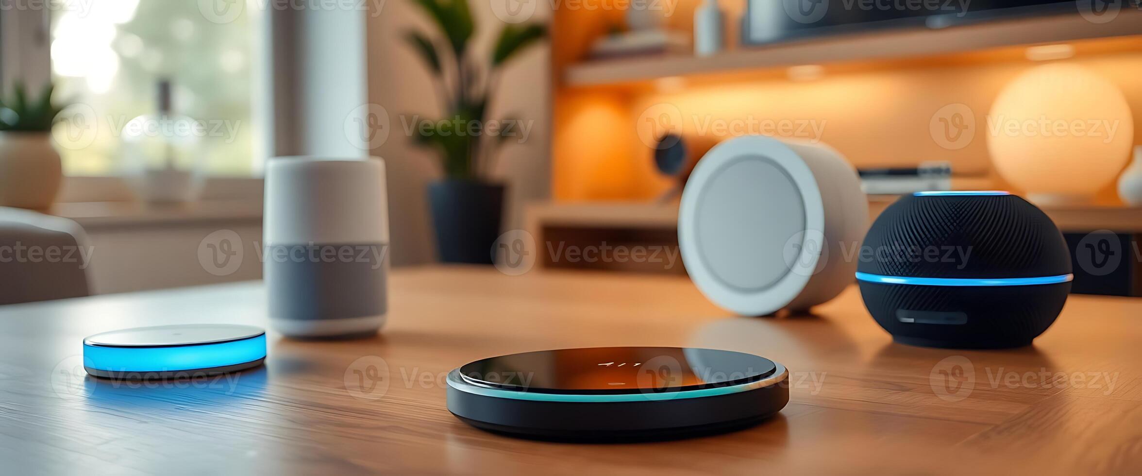 table with a smart device and speakers on it photo