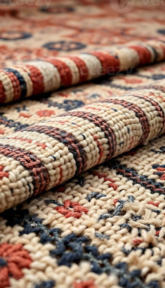 close up of a rug with a red, white, and blue pattern photo