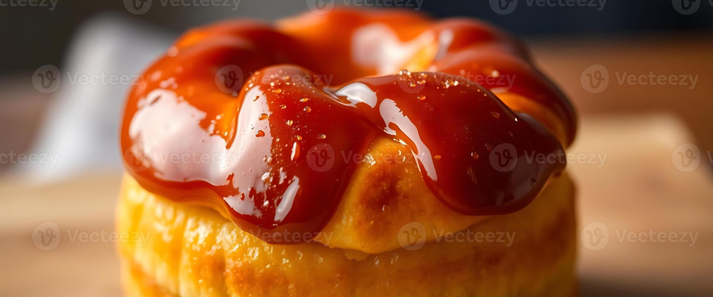 close up of a doughnut covered in ketchup photo
