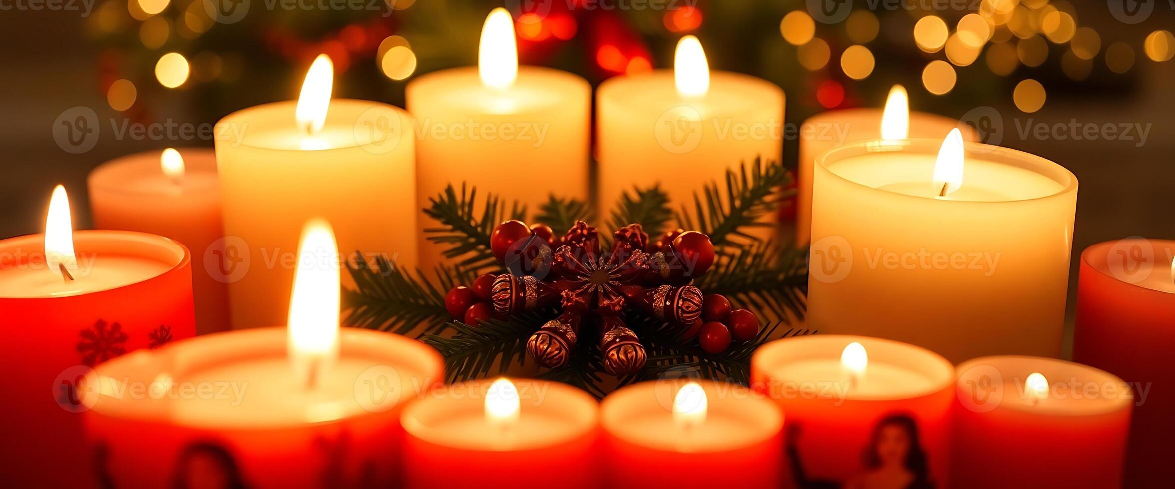 bunch of lit candles sitting on top of a table photo