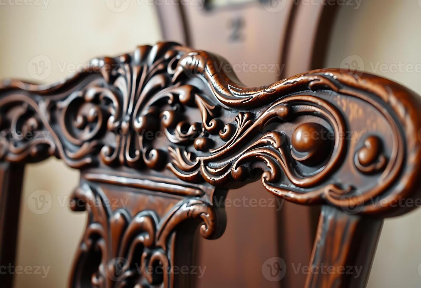 close up of a wooden chair with a clock in the background photo