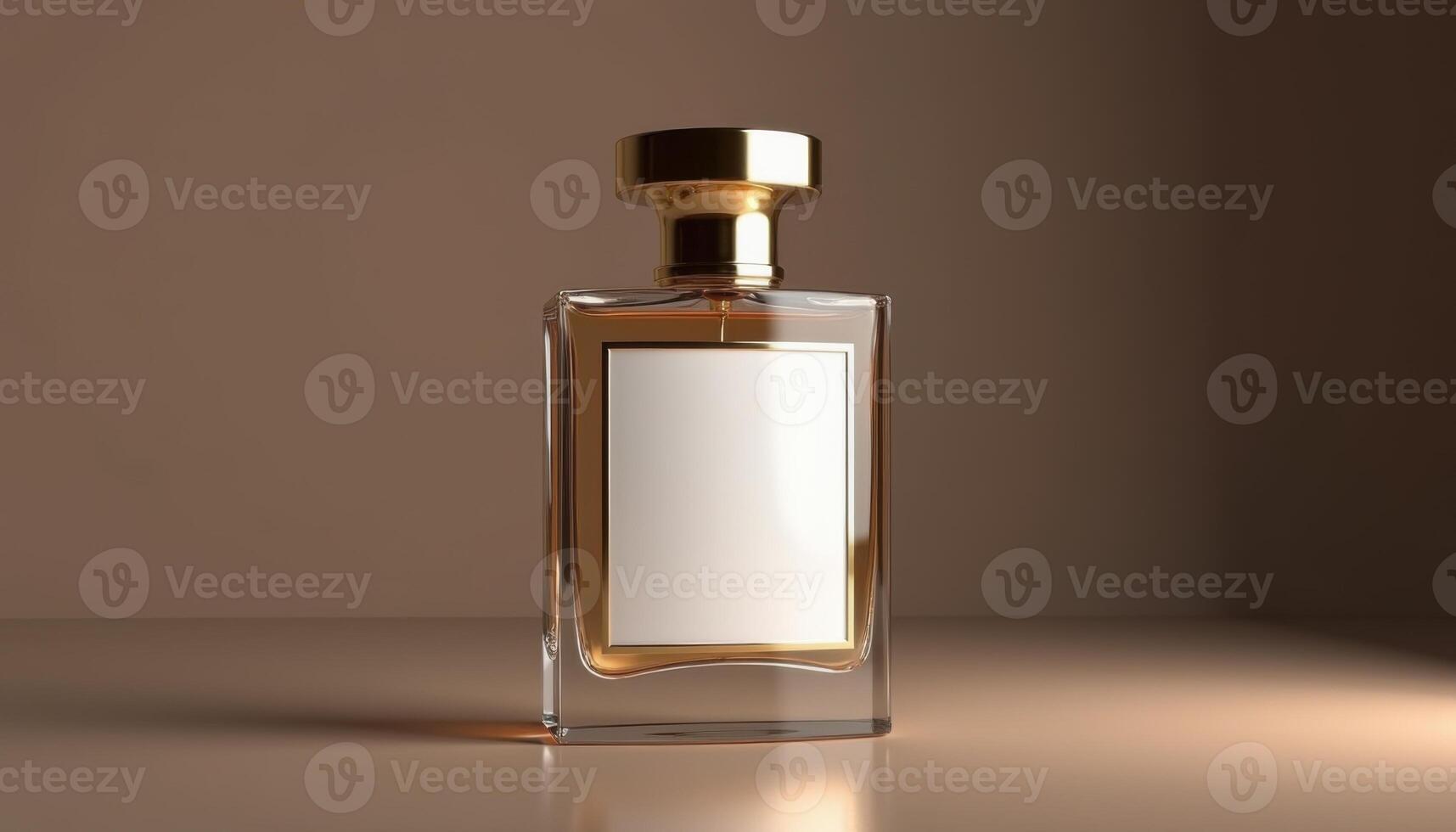 A bottle of perfume on a table with a light photo
