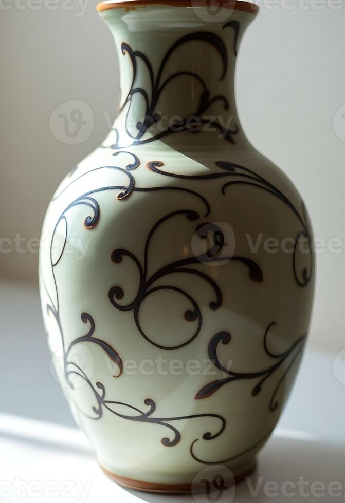 white and brown vase sitting on top of a table photo