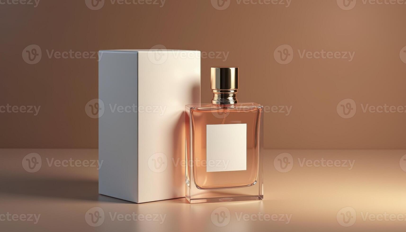 3d mockup of perfume bottle with box on brown background photo