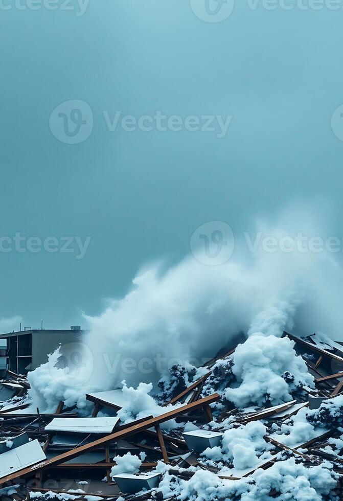 large wave crashing over a pile of debris photo
