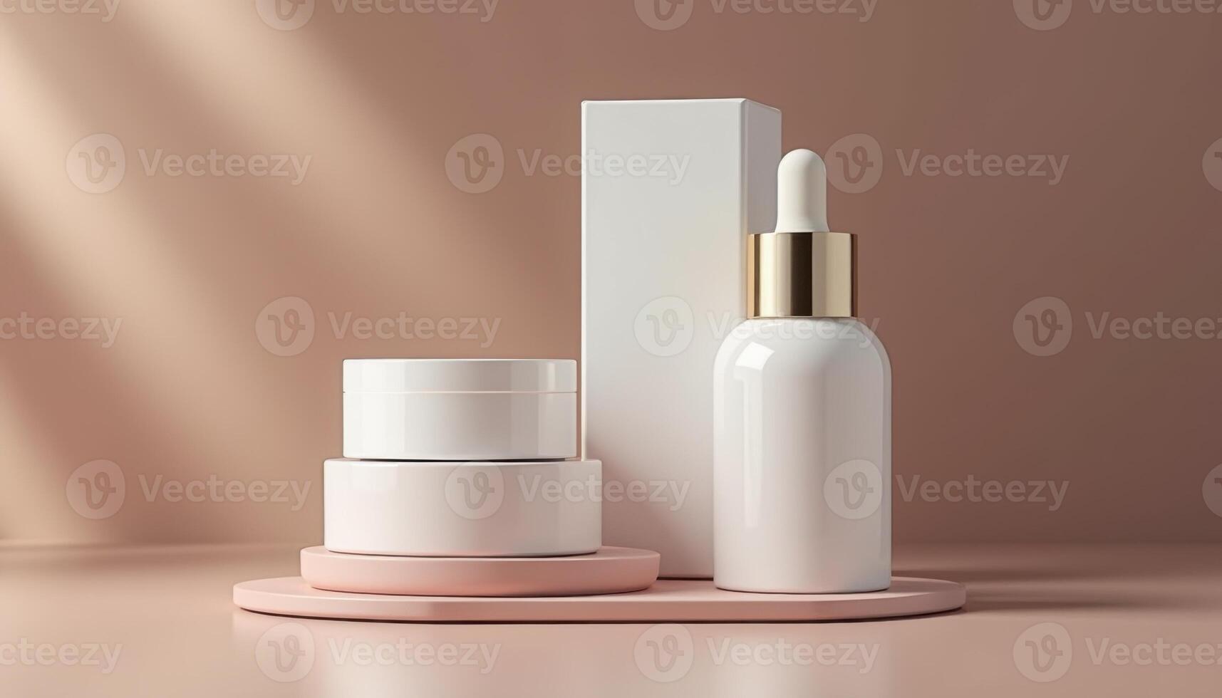 White cosmetic products on a pink stand with a box photo