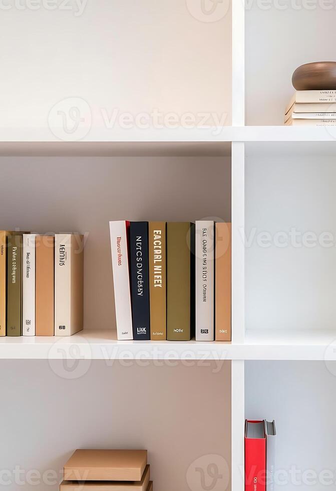 bookshelf filled with lots of books on top of white shelves photo