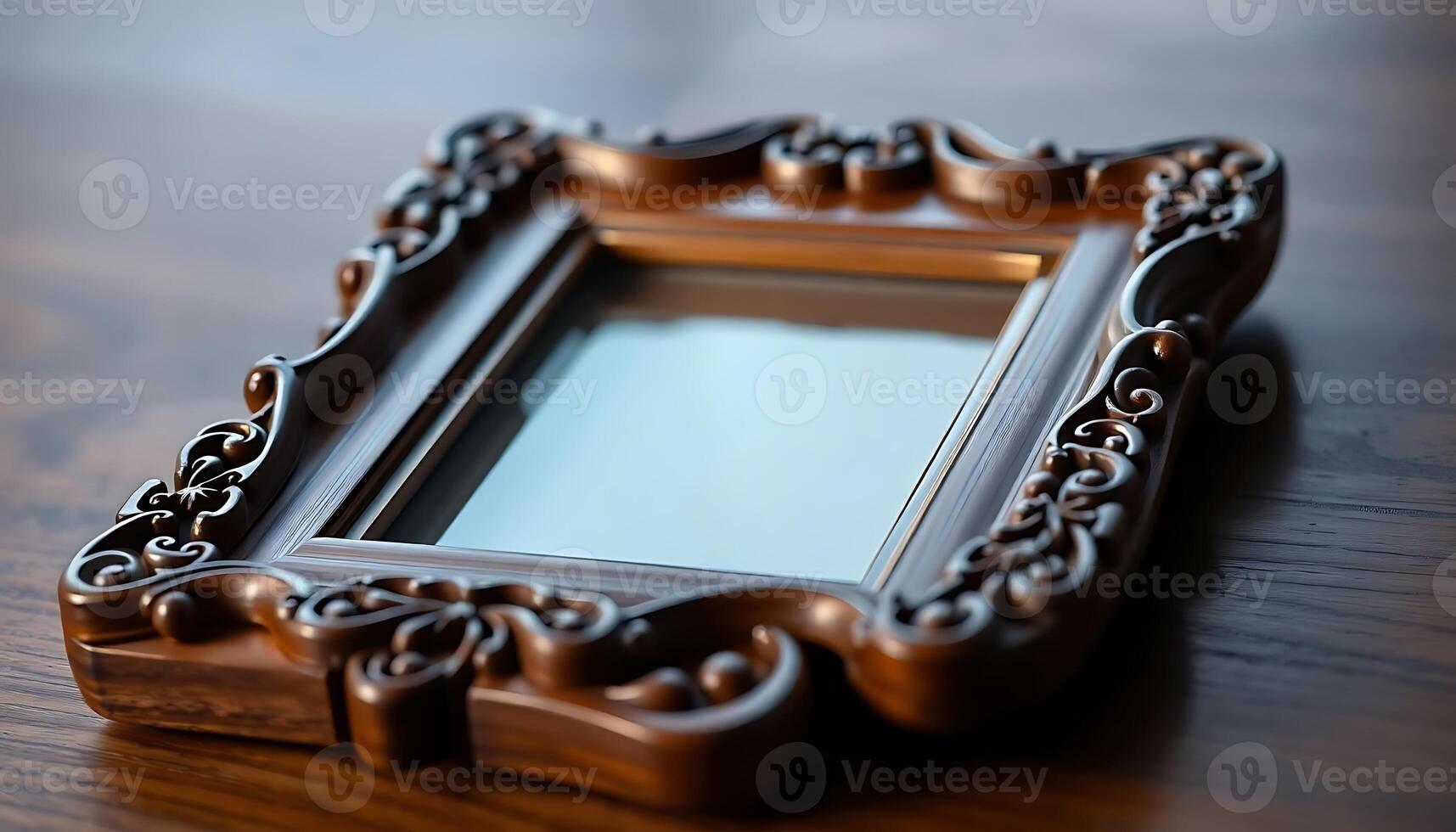 picture frame sitting on top of a wooden table photo