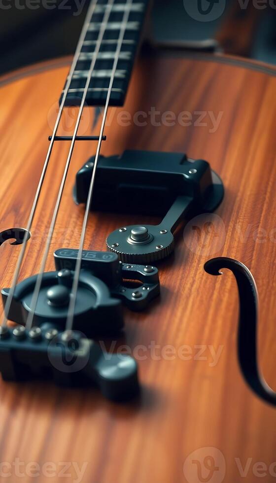 close up of a guitar with a wooden body photo