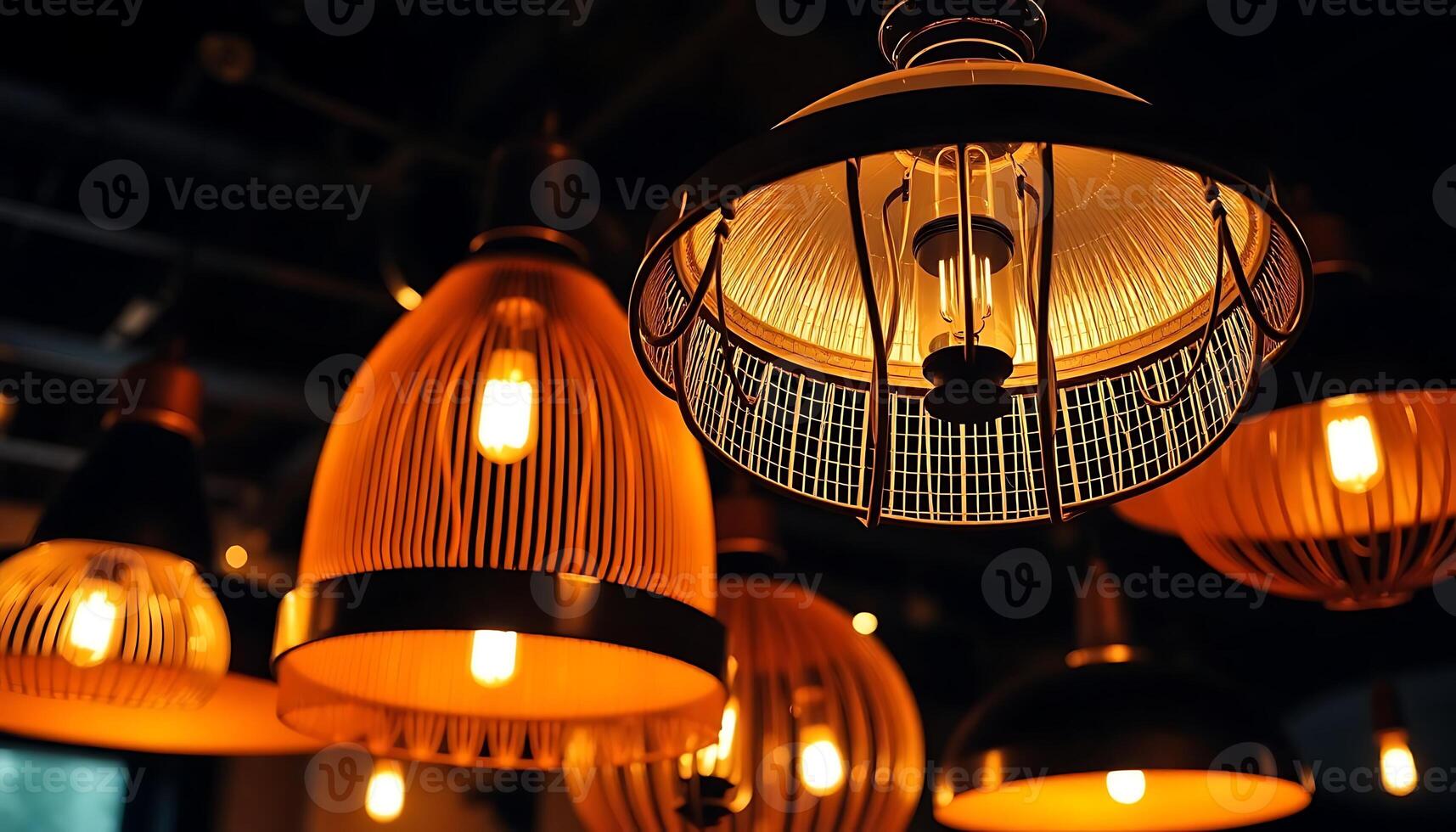 bunch of lights that are hanging from a ceiling photo