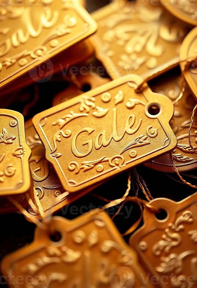 pile of gold tags with the word sale written on them photo