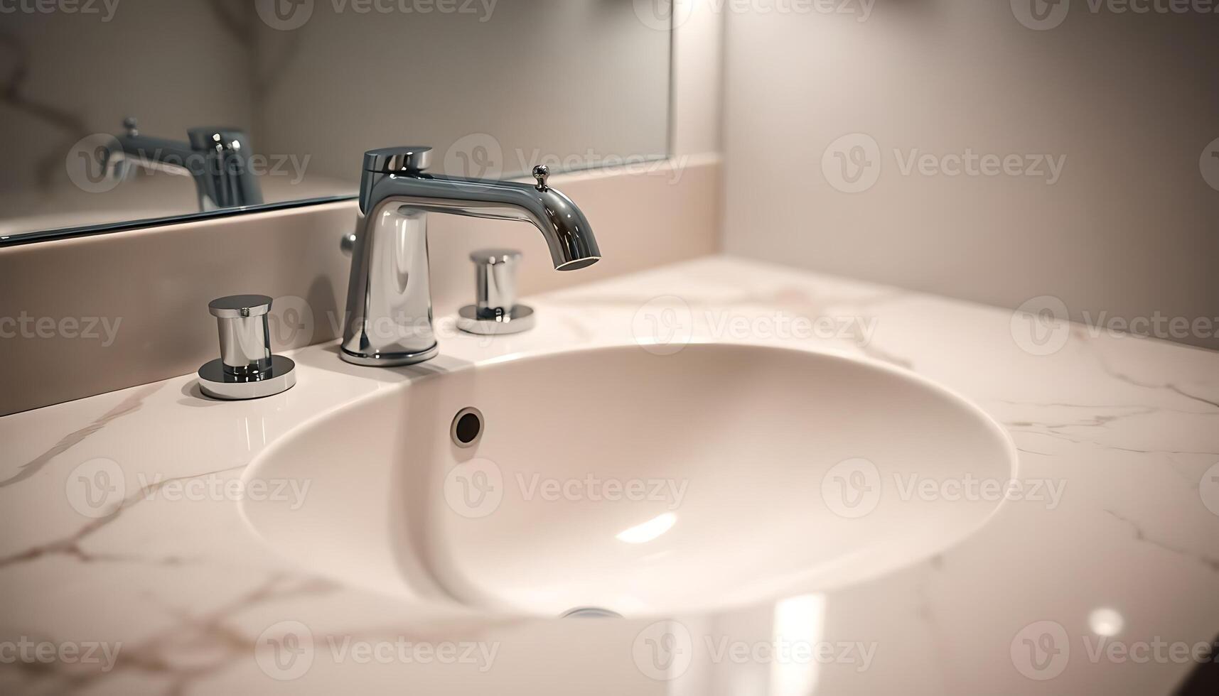 bathroom sink with two faucets and a mirror photo