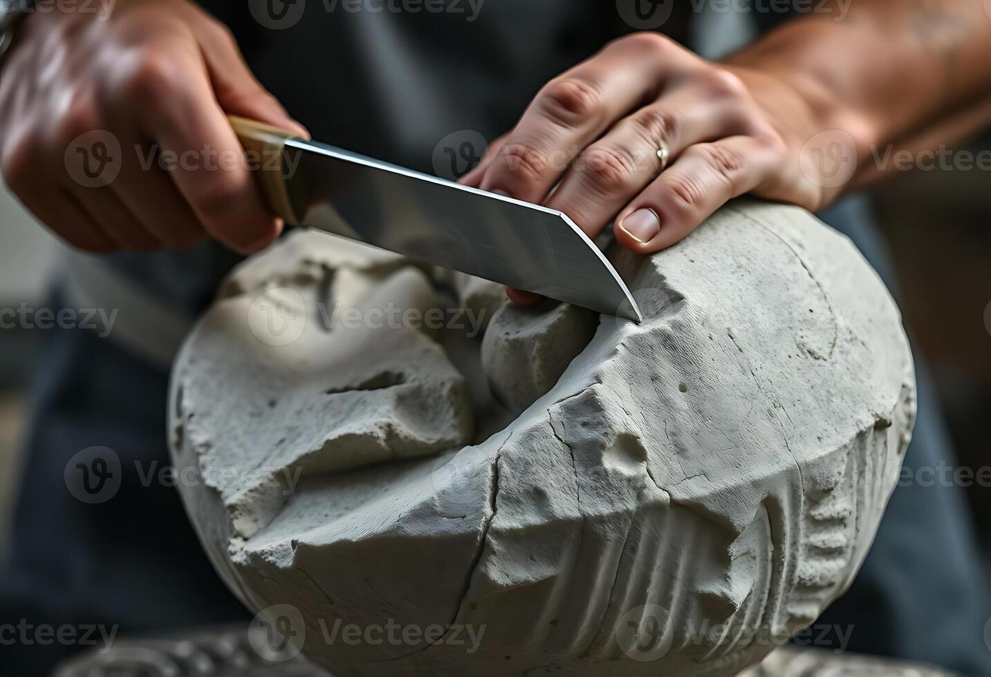 person using a knife to cut a piece of cement photo