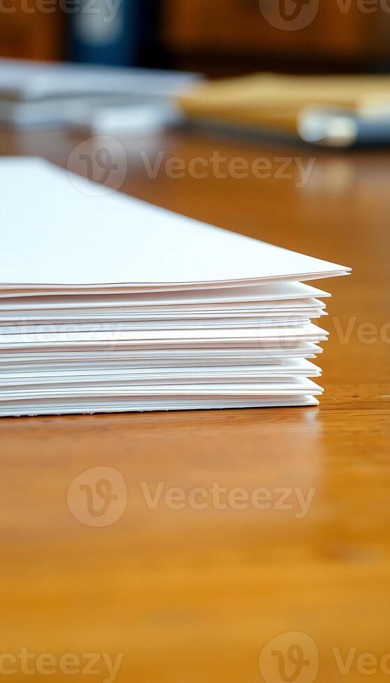 stack of white papers sitting on top of a wooden table photo