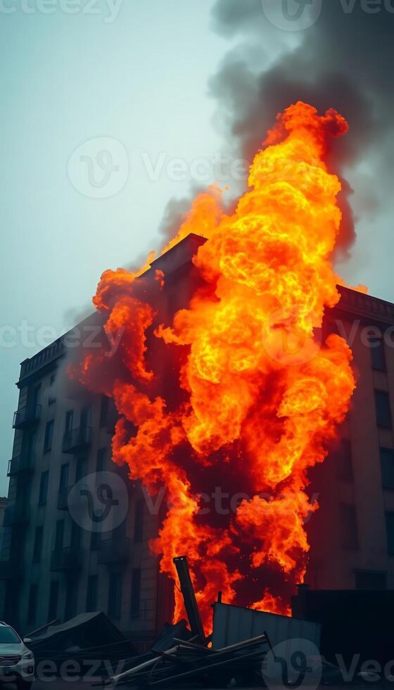 large building with a lot of fire coming out of it photo