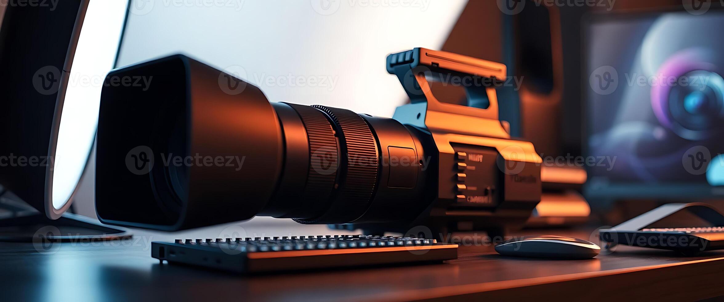 camera sitting on top of a desk next to a laptop photo