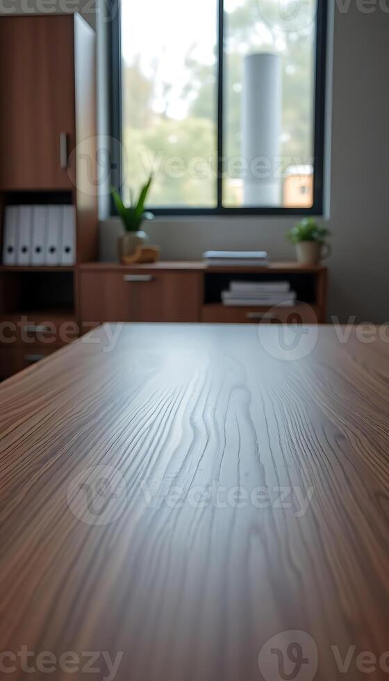wooden table in front of a window photo