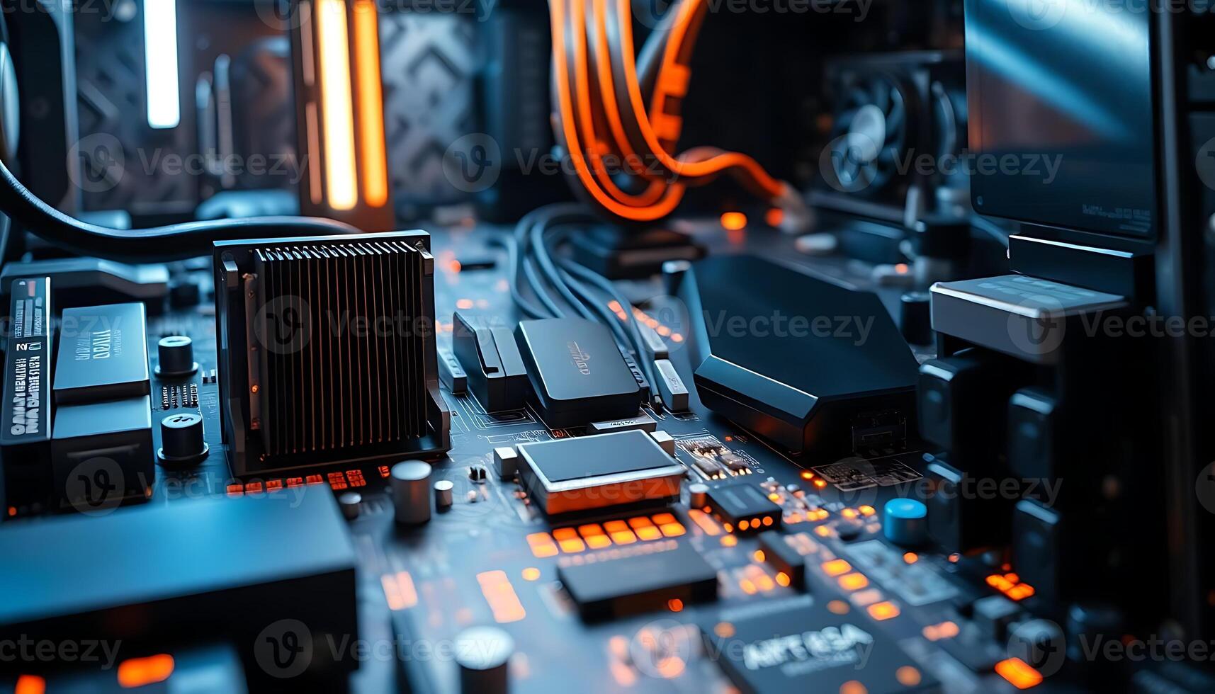close up of a computer motherboard with many components photo