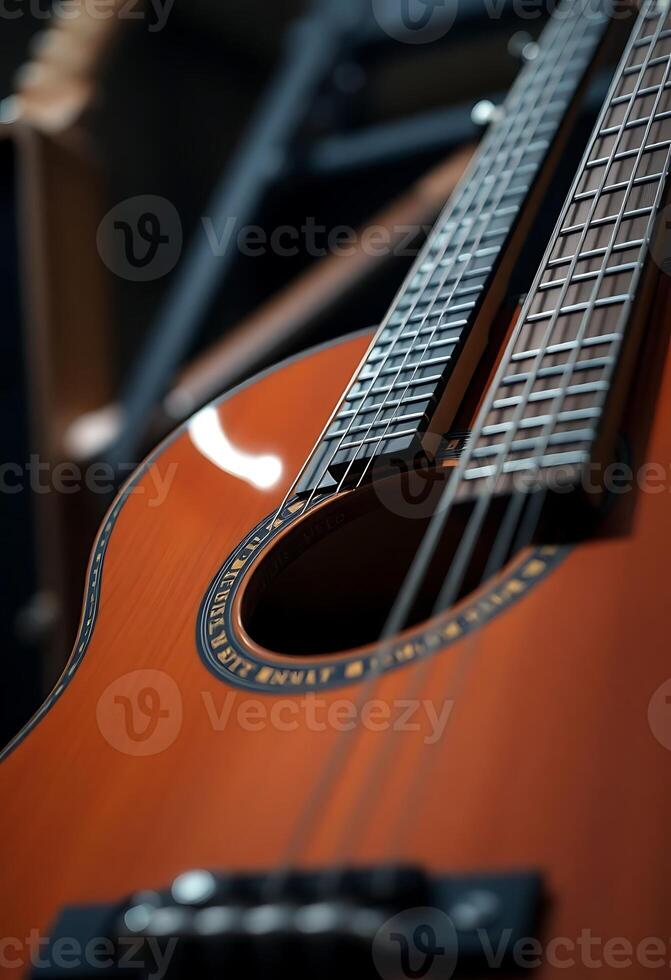 close up of a guitar on a table photo