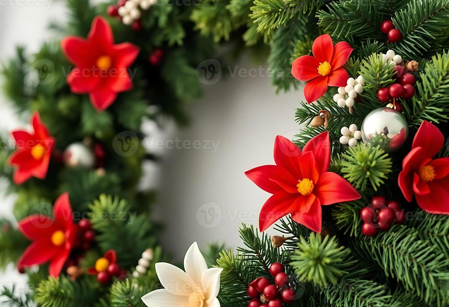close up of a christmas wreath with poinsettis photo