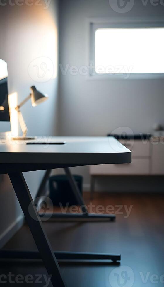 desk with a lamp on top of it photo