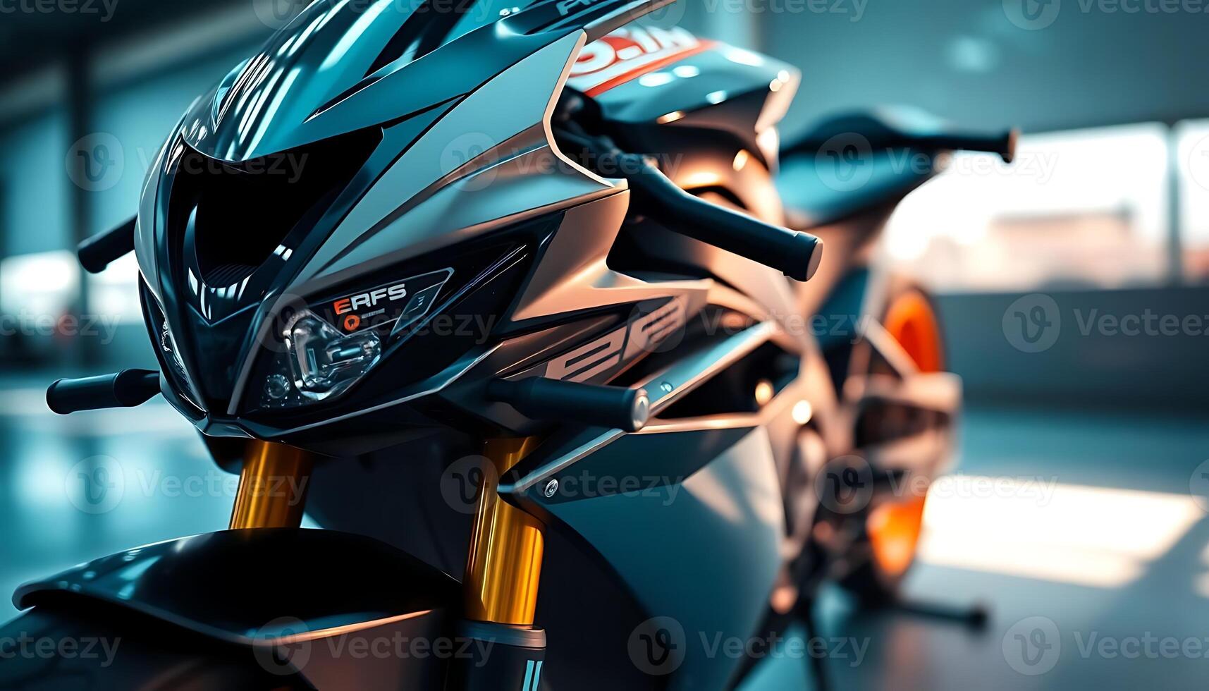 close up of a motorcycle parked in a building photo