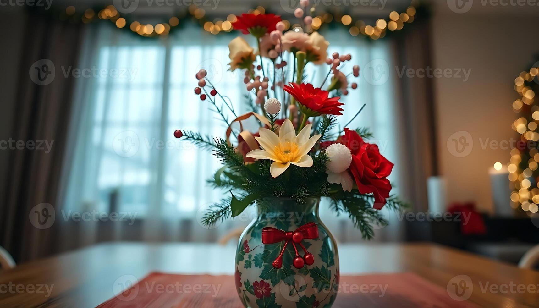 vase filled with flowers on top of a wooden table photo