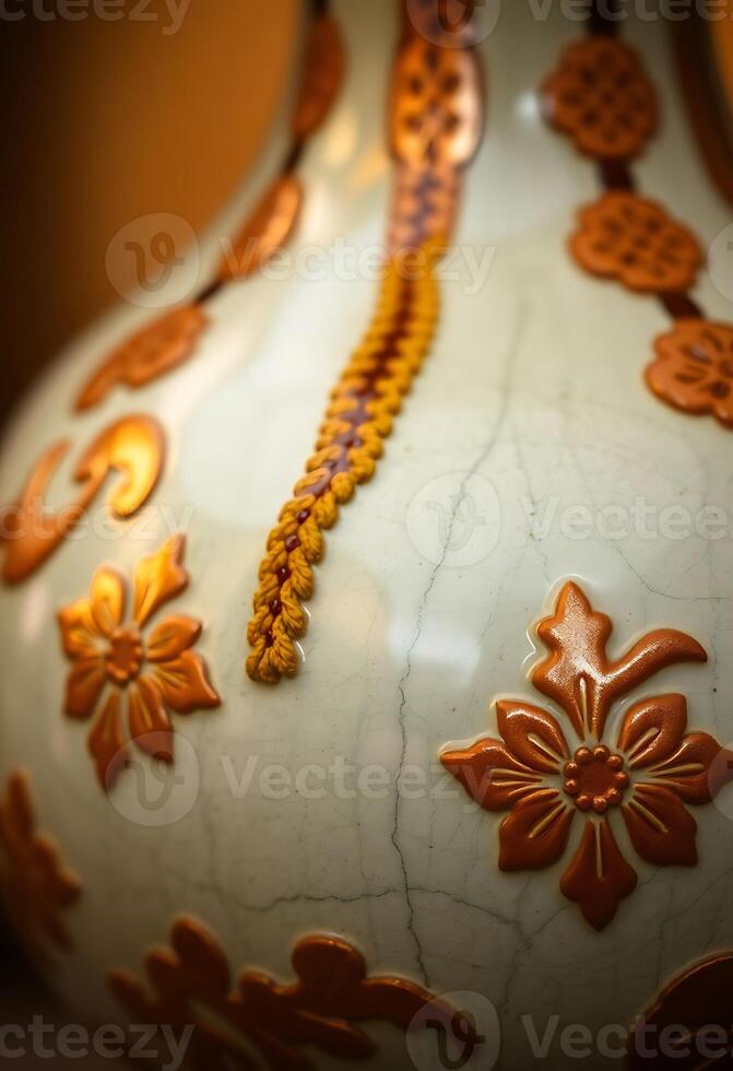 close up of a vase with a decorative design on it photo