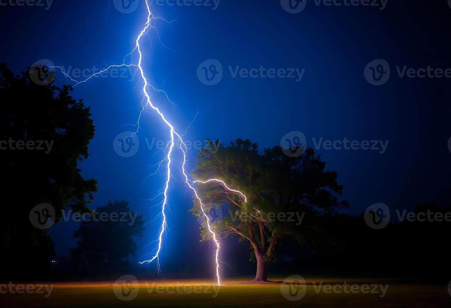 lightning bolt hitting a tree in a field photo