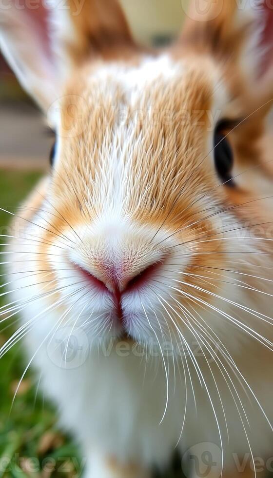 close up of a small brown and white rabbit photo