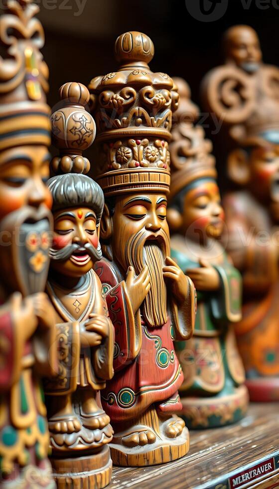 group of wooden figurines sitting on top of a shelf photo
