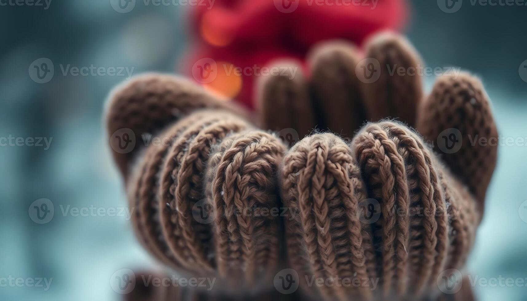 close up of a knitted object with a red object in the background photo