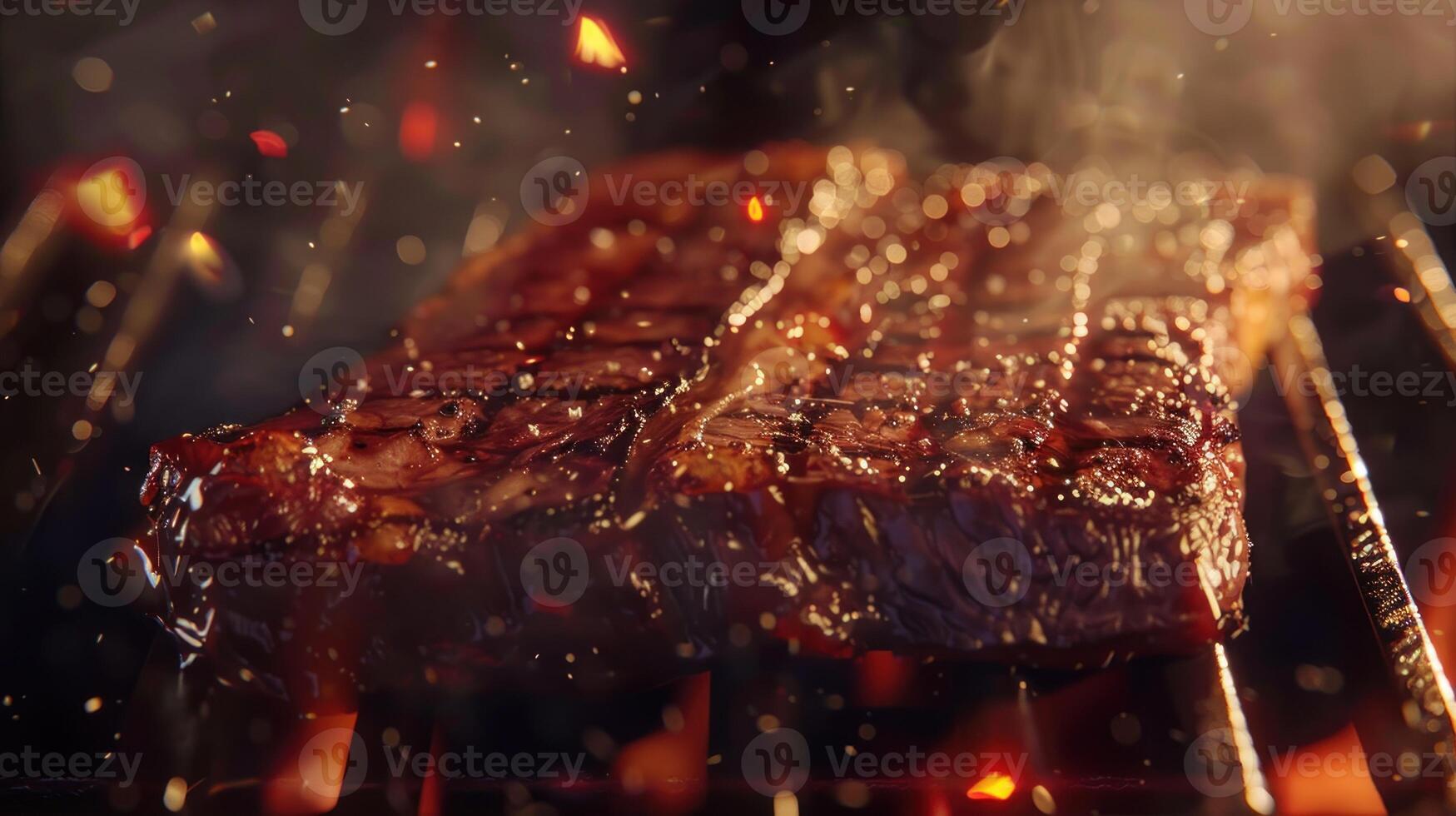 A steak is cooking on a grill with flames photo