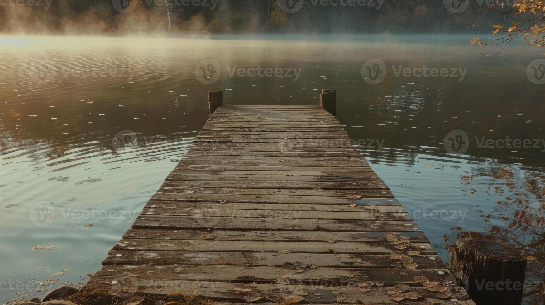 Misty lake dock at dawn photo
