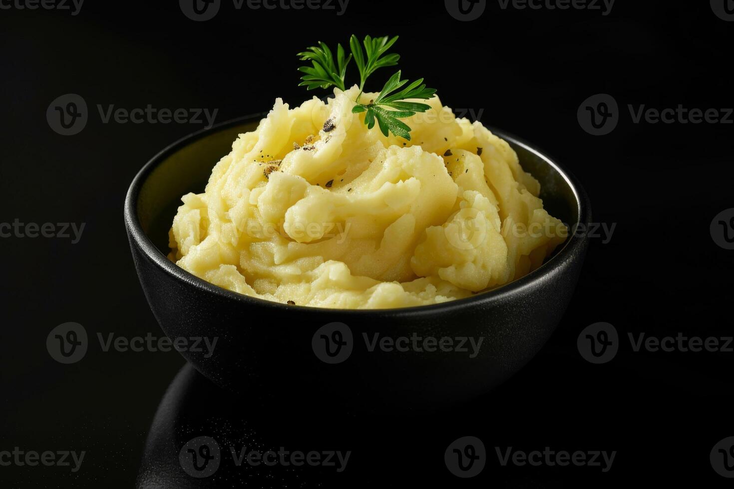 Rich and indulgent dish of creamy mashed potatoes with garlic butter and thyme photo